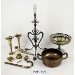 Silver mounted cane handle, a quantity of silver plate and metal ware (qty)