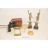 Pair of spelter figures, walnut jewellery box, copper kettle and miscellaneous other items