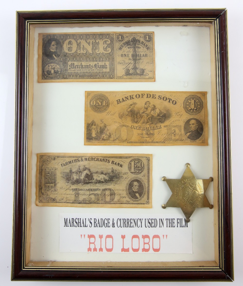 Rio Lobo (1970) - Marshal's badge and civil war currency from the movie starring John Wayne,