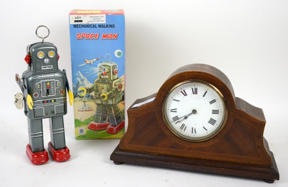 Mahogany cased mantel clock and Modern clockwork Robot