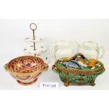 19th century Minton Majolica style tureens, small collection of blue and white and other