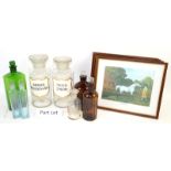 A group of glass apothecary jars, bottles and measures, together with a barometer, four horse prints