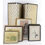 A quantity of oriental pictures and prints and a folding screen. (qty)