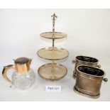 Silver plated cake stand and other items