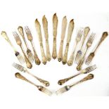 German silver part set of fish knives and forks, comprising five knives and twelve forks, with