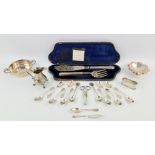 Victorian silver fish servers, in fitted case, cream jug, pin dish, spoons, napkin ring, sugar nips,