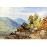 William Callow (British, 1812- 1869) .Figures on a rocky outcrop, mountainous landscape beyond,