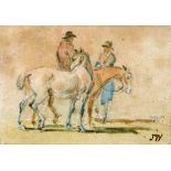 James Ward (British, 1769-1859), Sketch of horse, rider and groom, pencil and watercolour, signed