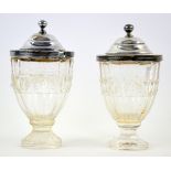 George III pair of silver-mounted and glass preserve jars, the cut glass bodies mounted with