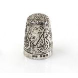 Victorian silver thimble, engraved with a bicycle and flowers and foliage, by James Fenton & Co.,