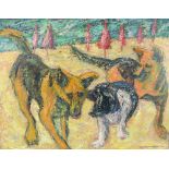 W. Wowrzkiewicz, 20th century European School, three dogs on a beach, signed, oil on canvas, 71cm