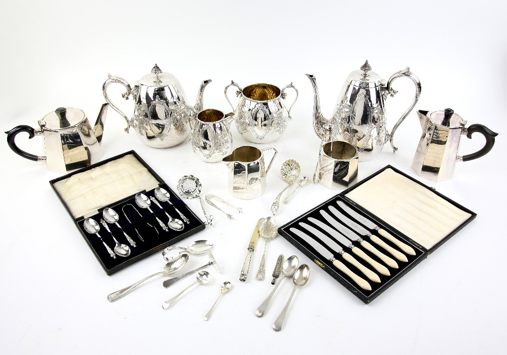 Selection of silver-plated items to include two four-piece silver tea services, cased set of