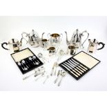 Selection of silver-plated items to include two four-piece silver tea services, cased set of