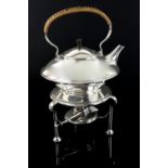 Christopher Dresser style silver-plated kettle on stand, the squat circular body with bright finish,