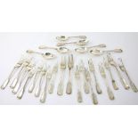 Matched part canteen of Victorian and later silver fiddle and thread pattern cutlery, comprising