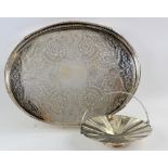 Silver plated oval gallery tray with foliate decoration 50 cm and a cake stand .