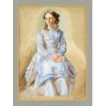 19th century portrait of a young women in blue dress unsigned watercolour 18cm x 15cm Modern