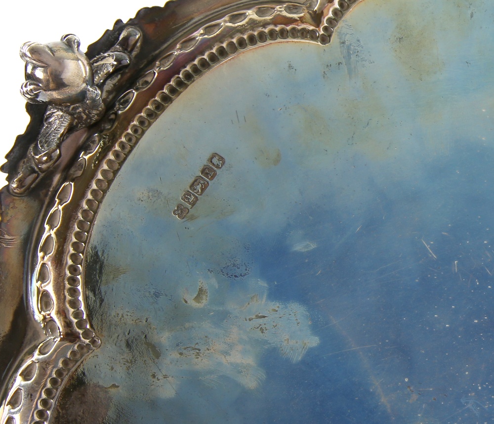 Victorian silver salver with moulded scroll and bead border and engraved decoration, on three ball - Image 6 of 6