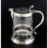 Victorian glass and silver mounted jug and cover with 'S'-scroll handle and engraved decoration,
