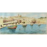 C. Galea, 20th century, 'Mgarr harbour, Gozo', signed, watercolour, 15.5cm x 34.5cm,.