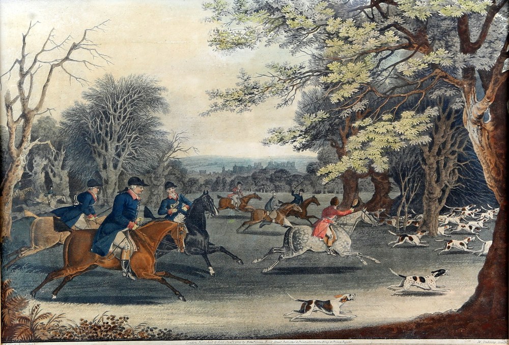 Pair of 19th century coloured prints of King George hunting Published &sold Jan 1st 1820, by