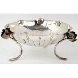 Japanese silver dish in the form of a lily pad, on three supports modelled as flowers, marked '