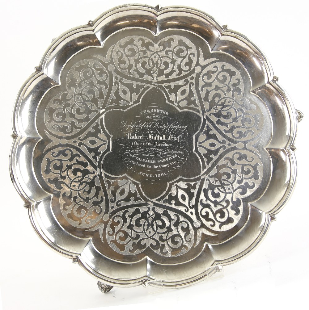 Victorian silver salver of lobed form with engraved decoration on three scroll feet, by Edward and - Image 2 of 6