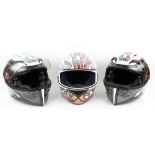 Three AGV Italian Motor Cycle Helmets, EXECUTOR SALE, two with Agv Rider Intercoms and with Sun drop