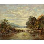 H Brandon Davis, British 19th/20th century, riverscape with figure fishing, signed and dated 1921,