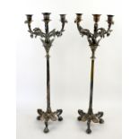 Pair of silver plated three light candelabra with foliate scrolling branches on fluted tapering