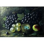 A J Thornton, grapes, plums and birds eggs, still life, oil on canvas, signed to lower right, 25cm x