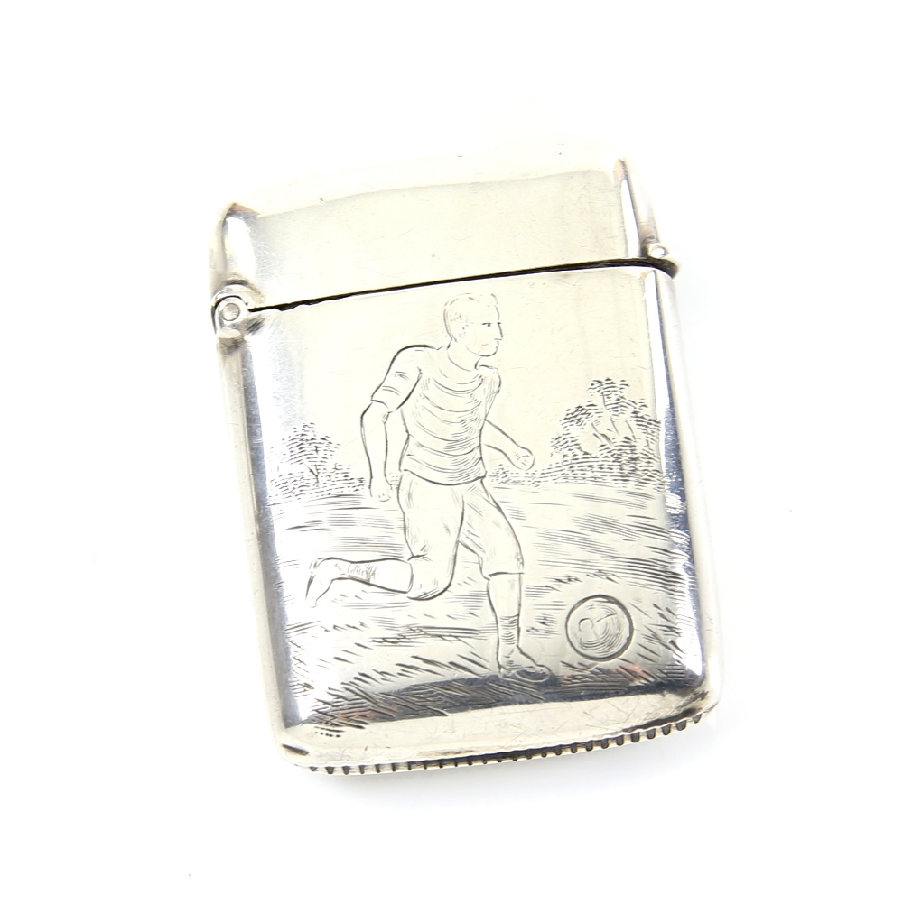 Edward VII silver sporting interest vesta case, one side engraved with a football player, the - Image 2 of 4
