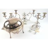 Silver plated revolving dish, pair of candelabra, tea pot etc.