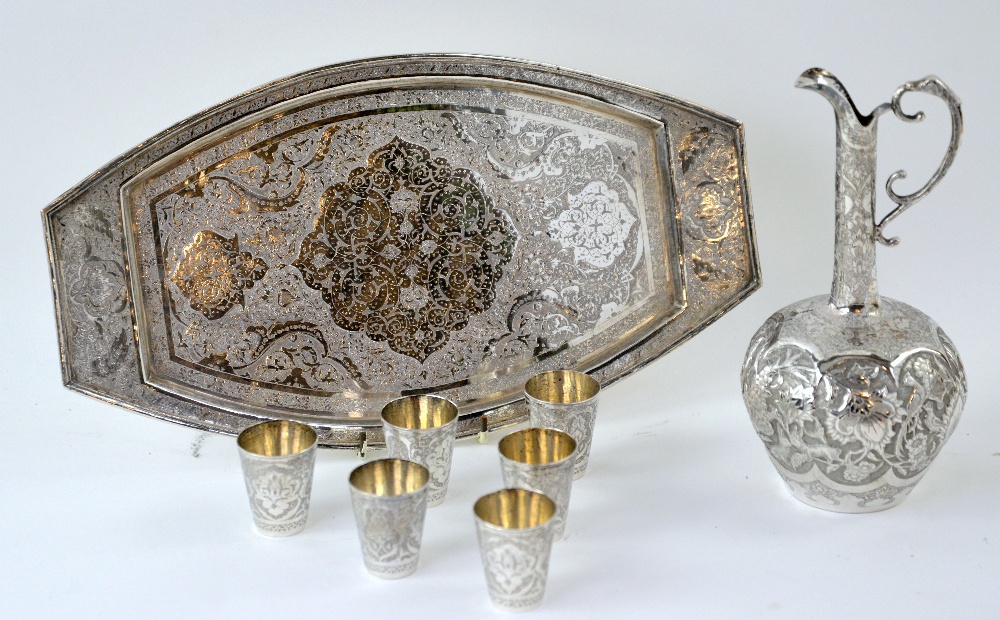 Persian white metal rosewater set on tray.