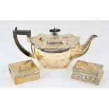 Victorian silver teapot, London 1899, together with two silver table snuff boxes, teapot 14 cm high,