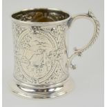 Victorian silver christening mug, ornately chased with circular cartouche, once vacant, 9 cm, 6.8