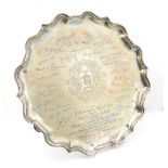 George V silver presentation salver, dedicated to A Rutherford Almond Esq by the National Federation