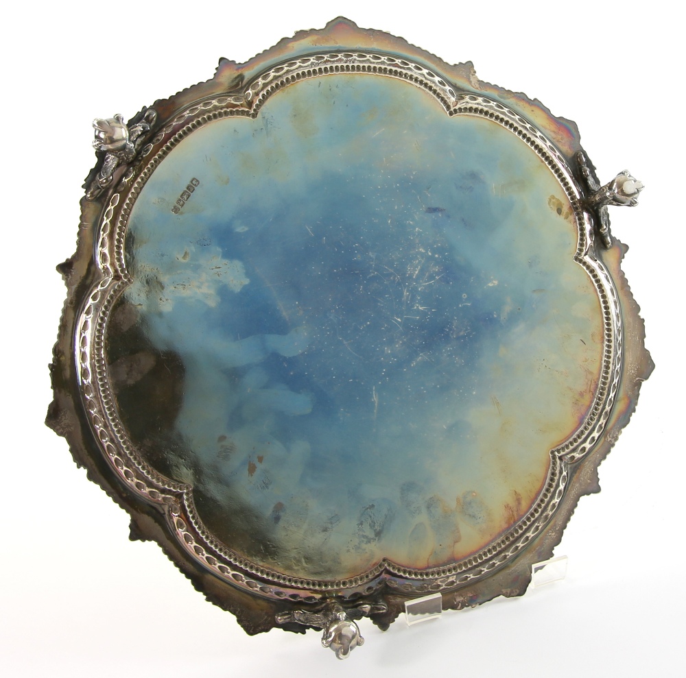 Victorian silver salver with moulded scroll and bead border and engraved decoration, on three ball - Image 4 of 6