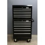 Halfords metal 14 draw mechanics tool box with contents, 140 cm x 68 cm . Two top drawers all ok,