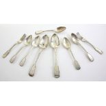 Selection of George IV silver fiddle and thread pattern cutlery, comprising two tablespoons, five