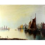 J. Page, 19th century, boats in a harbour with buildings, signed, oil on canvas, 69.5cm x 90cm,.