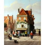 Jan Beekhout (Dutch, b.1937). 'Morning Shoppers'. Oil on board, signed lower left. 59 x 49cm.