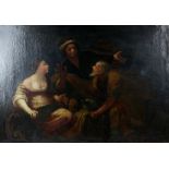 19th century interior scene with two men and a woman in conversation, oil on canvas, unsigned,