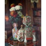 § John Anthony Park (British, 1880-1962). Still life of chrysanthemums and Oriental ceramics, oil on