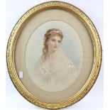 J. Simmons, half length portrait of a young lady, watercolour in oval mount and frame, signed in