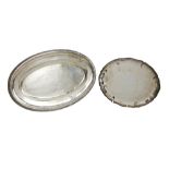 French silver oval dish with foliate patterned border, 44.5cm wide, and a Swiss silver dish with