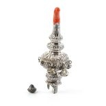 Victorian child's silver rattle with whistle, with bells and a coral teether, by Roberts & Belk,