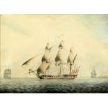 In manner of Samuel Atkins, Pair, Royal Naval Frigates, watercolours, 14.5cm x 19.5cm (2) .