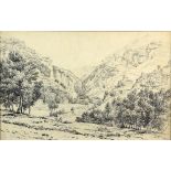 Manner of William Cowen, Near the falls of Terni, pen and ink drawing, titled and dated 1819, 25.5cm