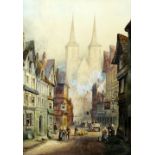 H Montague, continental landscape with cathedral in the background, 38cm x 26cm .